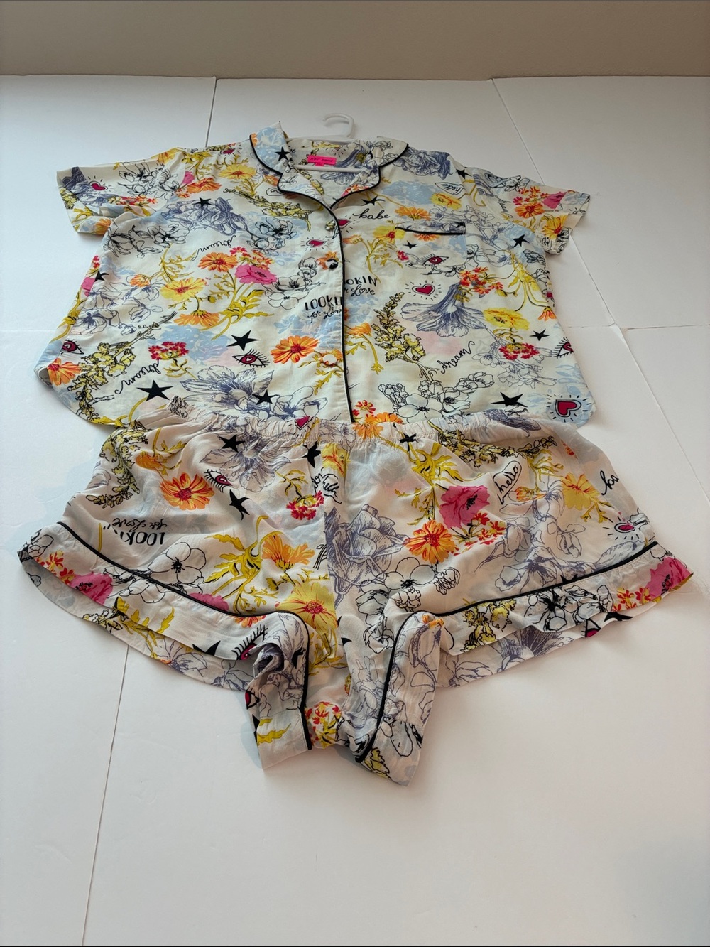 Betsey Johnson Rayon Floral Short Pajama Set - White with Yellow & Pink Accents